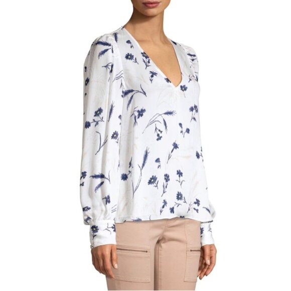JOIE Yadra White Floral Double Faced 100% Silk Georgette V-Neck Blouse, Size L - Picture 2 of 16